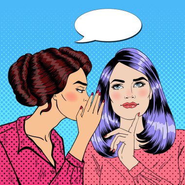 Genç Kadın Arkadaşına Fısıldayan Sırlar. Pop Art Vektör illüstrasyonu