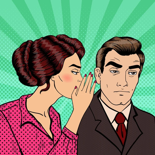 Mujer joven susurrando secreto a su marido. Pop Art Vector ilustración — Archivo Imágenes Vectoriales