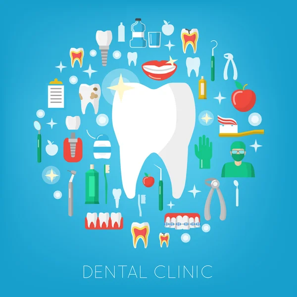 Clínica Dental e Iconos de Cuidado con Diente. Estomatología, Servicios Odontológicos. Ilustración vectorial — Archivo Imágenes Vectoriales