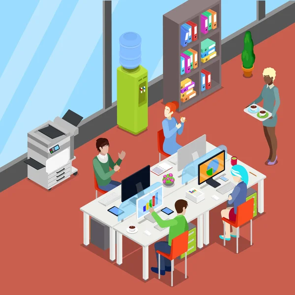 Isometrische Büroflächen mit Arbeitnehmern und Computern. Vektorillustration — Stockvektor