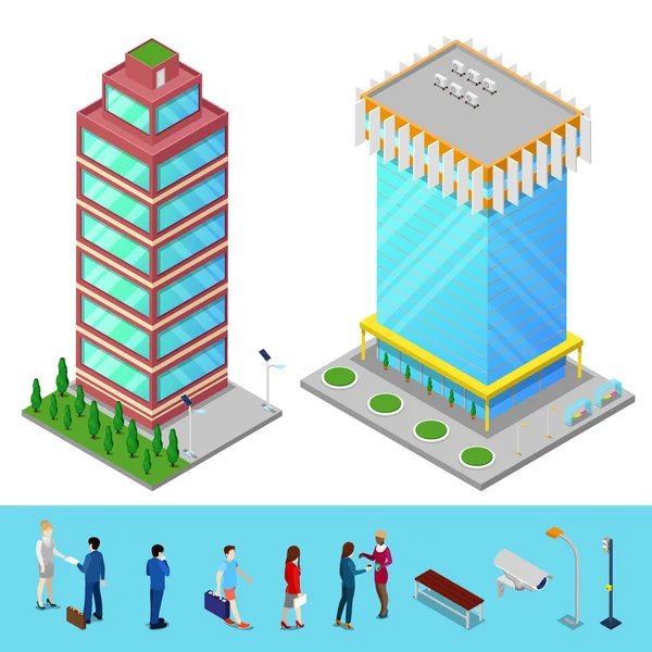 Isométrico rascacielos edificio de oficinas de la ciudad con gente de negocios. Ilustración vectorial — Archivo Imágenes Vectoriales