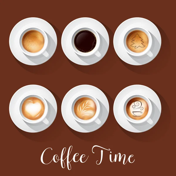 Tazas de café realistas con Americano Latte Espresso Macchiatto Mocha Cappuccino. Ilustración vectorial — Archivo Imágenes Vectoriales