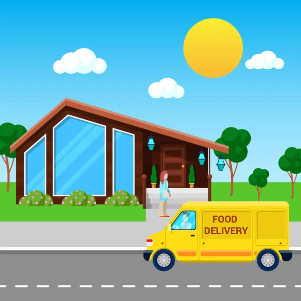 Food Delivery Service Truck trouxe ordem para o cliente. Ilustração vetorial —  Vetores de Stock