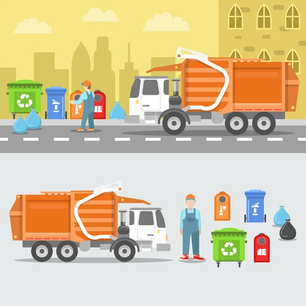 Ensemble de recyclage des ordures avec camion et conteneurs. Illustration vectorielle — Image vectorielle