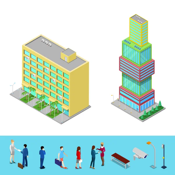 Isométrico rascacielos edificio de oficinas de la ciudad con gente de negocios. Ilustración vectorial — Archivo Imágenes Vectoriales