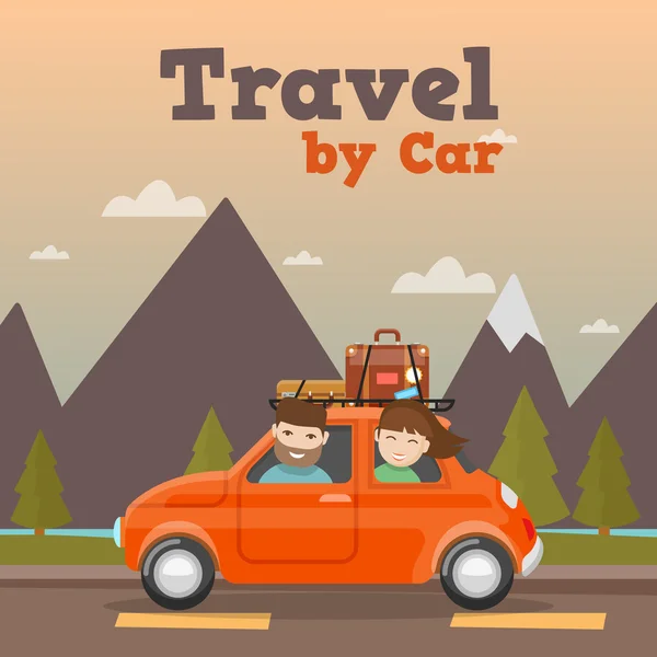 Οικογενειακά ταξίδια με αυτοκίνητο στα βουνά. Διανυσματικό φόντο — Διανυσματικό Αρχείο
