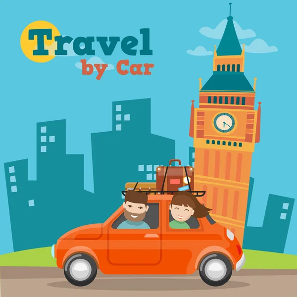 Travel by Car in England with Big Ben. Vector background — Stock Vector