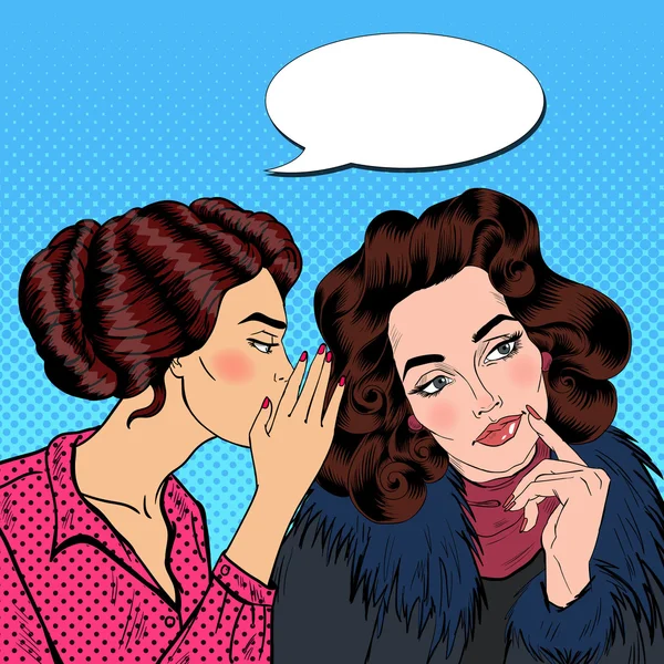 Jonge vrouw fluistert geheim tegen haar vriendin. Pop Art Vector illustratie — Stockvector