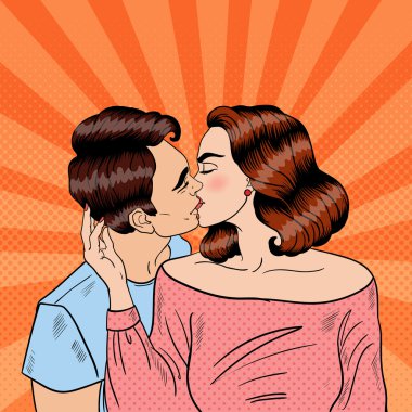 Mutlu Genç Çift Öpüşme. Pop Art Vector illüstrasyon