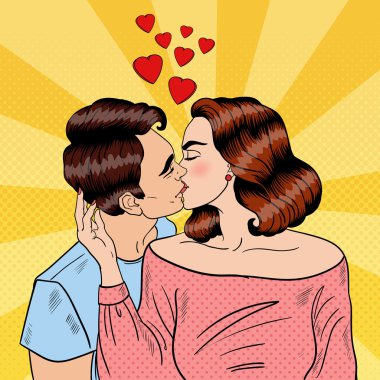 Mutlu Genç Çift Öpüşme. Pop Art Vector illüstrasyon