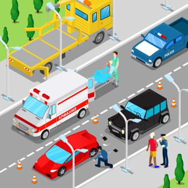 Ambulans, Çekici ve Polis Aracı ile Isometric City Araba Kazası. Vektör çizimi