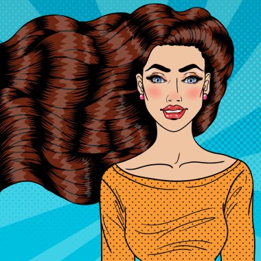 Lüks Sağlık Uzun Saçlı Güzel Genç Kadın. Pop Art Vector illüstrasyon