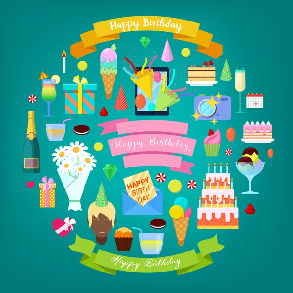 Feliz cumpleaños conjunto de elementos de fiesta con pastel, globos y decoración. Ilustración vectorial — Vector de stock