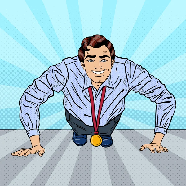 Succès Pop Art Homme d'affaires avec médaille Faire push-ups. Illustration vectorielle — Image vectorielle