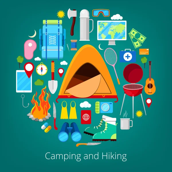 Ícones de Camping e Caminhadas. Conceito de Estilo de Vida Saudável com Tenda e Camper Equipment. Ilustração vetorial — Vetor de Stock