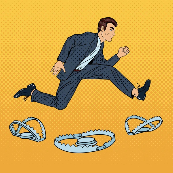 Uomo d'affari stressato sulle cascate della corda nella trappola. Illustrazione vettoriale Pop Art — Vettoriale Stock