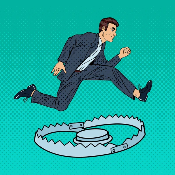 Succesvolle zakenman springt over de val. Pop Art vector illustratie — Stockvector