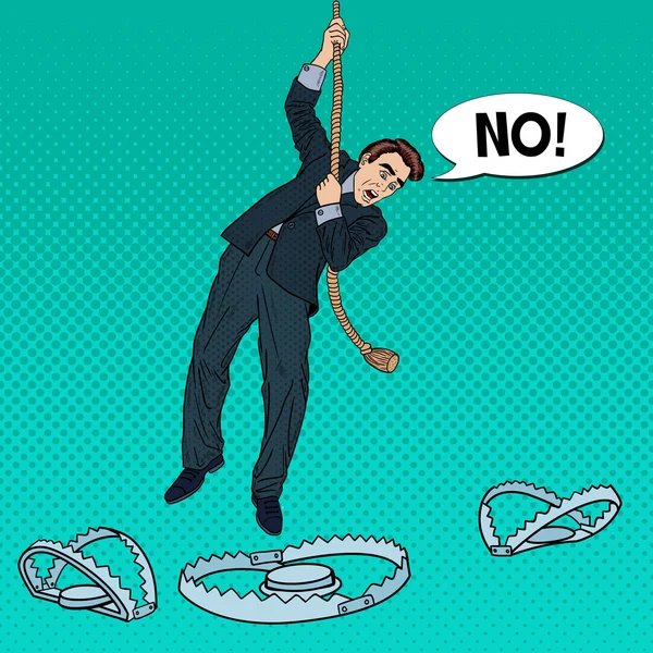 Benadrukte Business man op het touw valt in de val. Pop Art vector illustratie — Stockvector