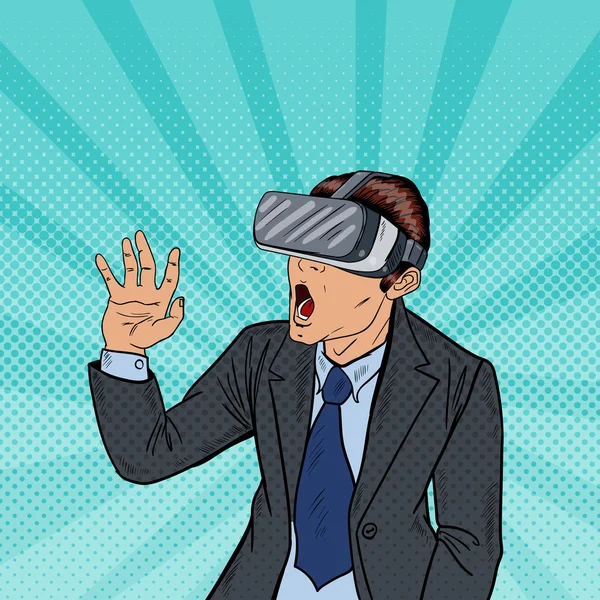 Verblüffte Geschäftsmann mit Virtual-Reality-Brille. Pop Art Vektor Illustration — Stockvektor