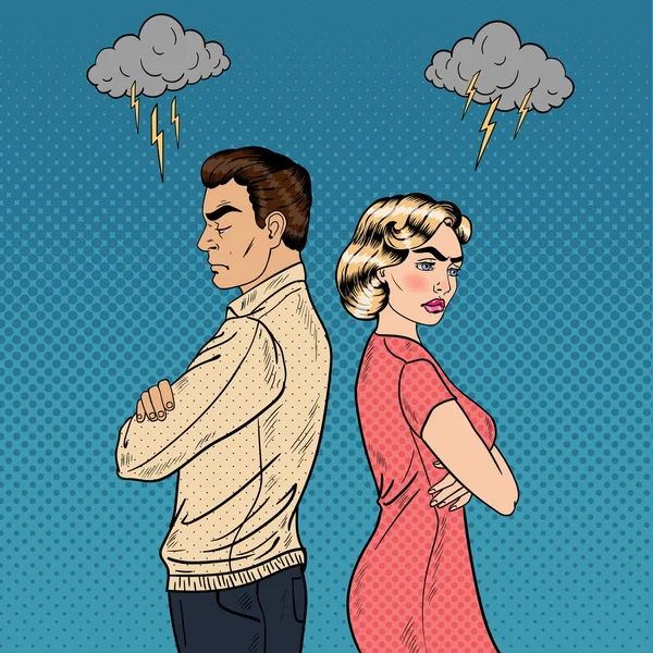 Family Quarrel - Unhappy Young Couple Standing Arms Crossed Back to Back (en inglés). Pop Art Vector ilustración — Archivo Imágenes Vectoriales