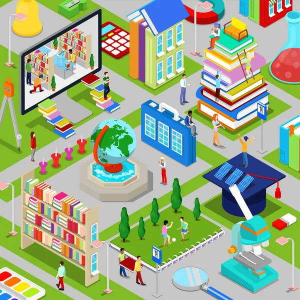 Isometric City of Education with Books Architecture and People. Illustration vectorielle — Image vectorielle