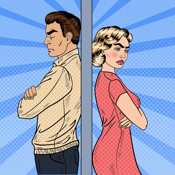 Family Quarrel - Unhappy Young Couple Standing Arms Crossed Back to Back (en inglés). Pop Art Vector ilustración — Archivo Imágenes Vectoriales