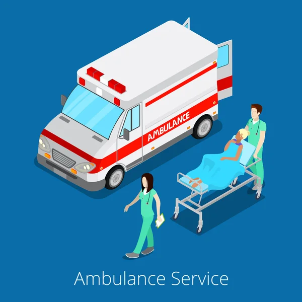 Servizio di ambulanza isometrica con auto di emergenza, infermiere medico e paziente. Illustrazione vettoriale — Vettoriale Stock