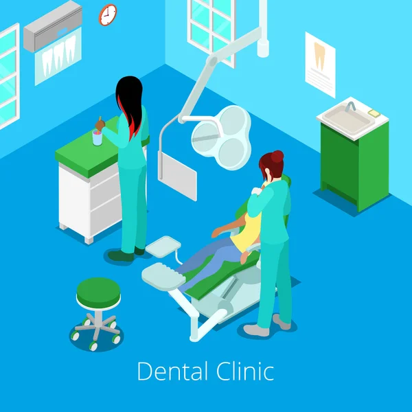 Isometric Dentist Cabinet Interior with Patient and Doctor. Vector illustration — Stock Vector