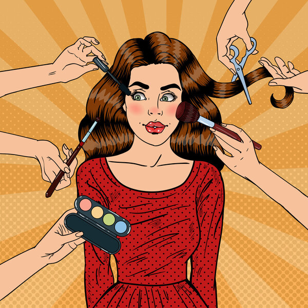 Many Hands Doing Glamour Make up for Young Woman. Pop Art Vector illustration