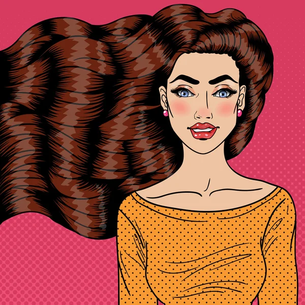 Mulher bonita jovem com cabelo longo de luxo Saúde. Pop Art Vector ilustração —  Vetores de Stock