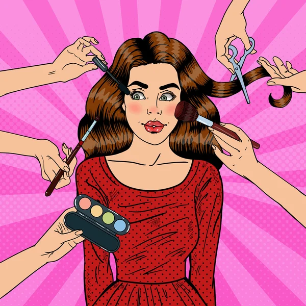 Muitas Mãos Fazendo Glamour Make up for Young Woman. Pop Art Vector ilustração — Vetor de Stock