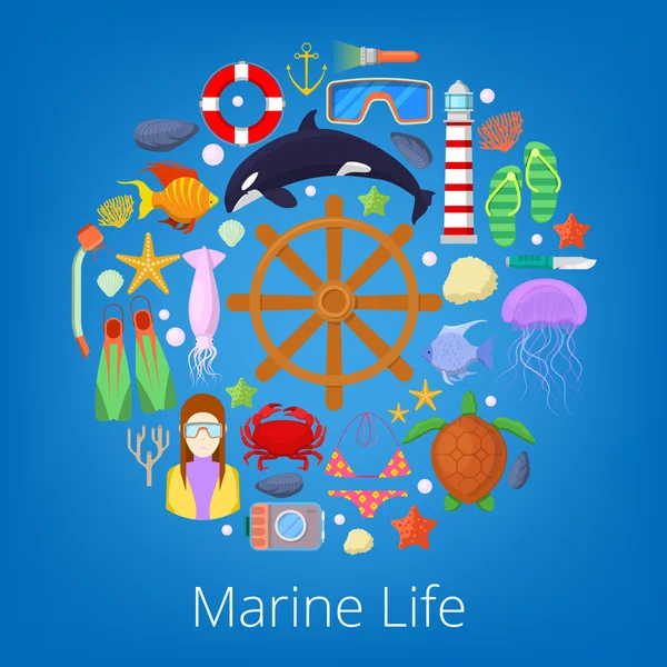 Marine Life with Sea Fish and Nautical Icons (en inglés). Ilustración vectorial — Archivo Imágenes Vectoriales