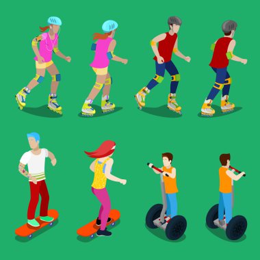 Paten, Segway ve Kaykay Üzerinde Isometric Aktif Sportif İnsanlar. Vektör çizimi