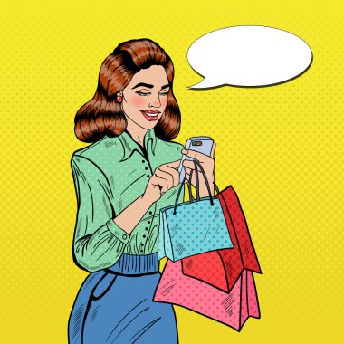 Akıllı telefon kullanarak alışveriş torbaları ile mutlu bir kadın. Pop Art vektör çizim
