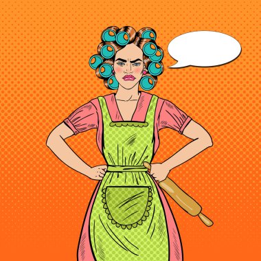 Kızgın Ev Hanımı Pop Art Woman Holding Rolling Pin. Vektör çizimi