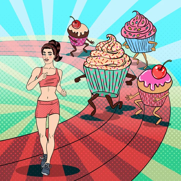 Young Fit Pop Art Woman Running away from Sweets and Desserts. Vector illustration — Stock Vector