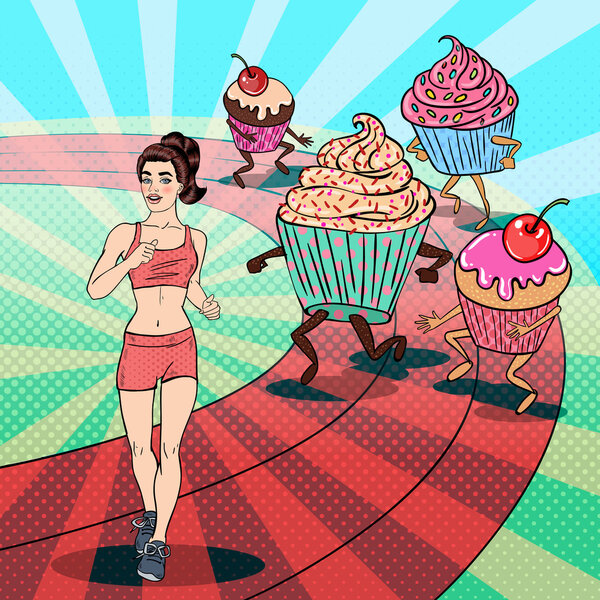 Young Fit Pop Art Woman Running away from Sweets and Desserts. Vector illustration