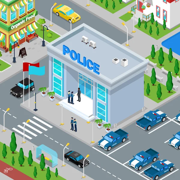 Isometric Police Department Building avec policier et voiture de police. Illustration vectorielle — Image vectorielle