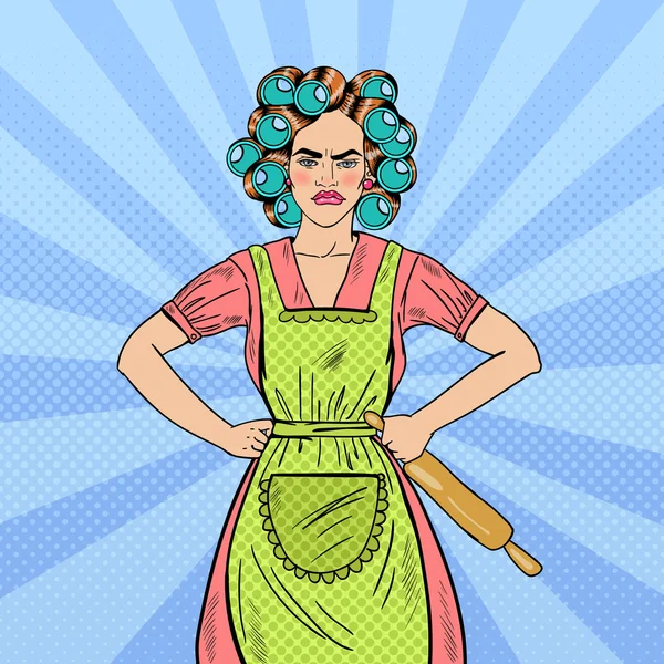 Zły gospodyni domowa pop art kobieta Holding Rolling PIN. Ilustracja wektorowa — Wektor stockowy