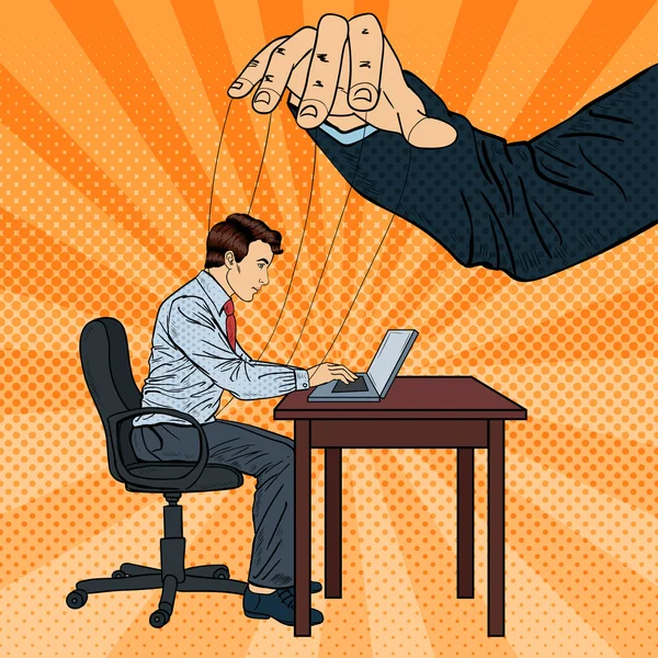 Puppeteer Controlando o homem de negócios no trabalho de escritório. Pop Art Vector ilustração —  Vetores de Stock