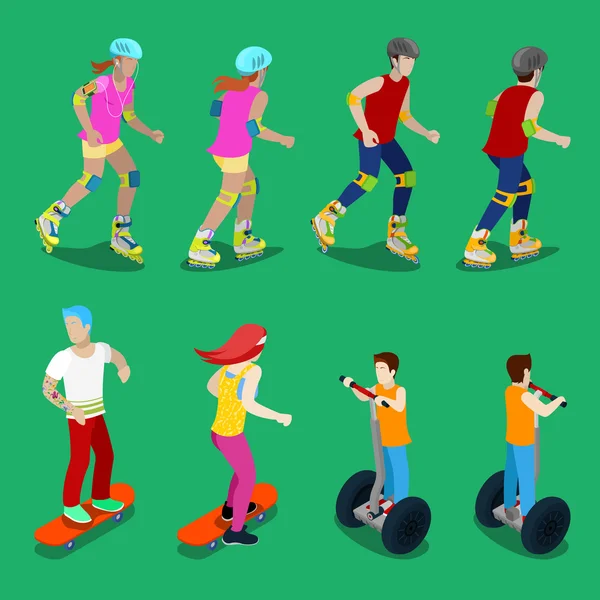 Isometric Active Sporty People on Roller-Skates, Segway and Skateboarding (em inglês). Ilustração vetorial — Vetor de Stock