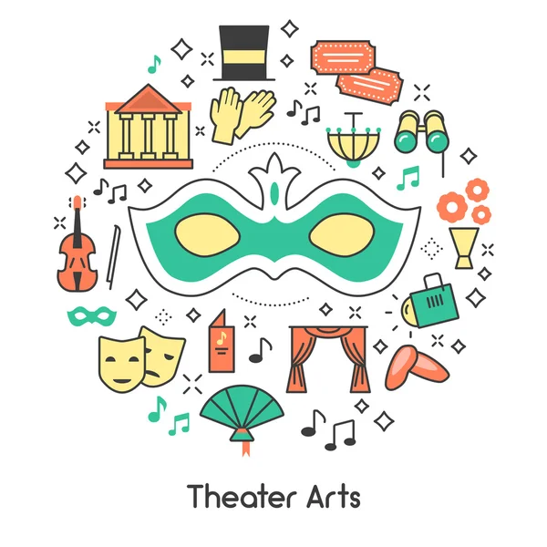 Teatro Artes Linha Art Outline Vector Ícones Set com máscara e binóculos — Vetor de Stock