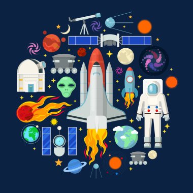Uzay Simgeleri Gezegenler Yıldız Mekik ve Astronot ile ayarlayın. Vektör çizimi