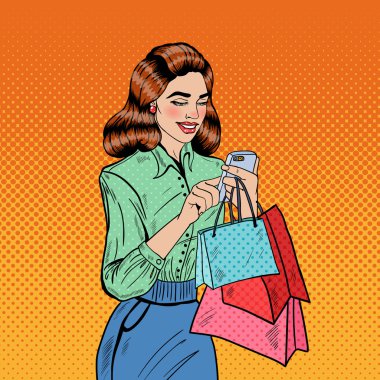 Akıllı telefon kullanarak alışveriş torbaları ile mutlu bir kadın. Pop Art vektör çizim