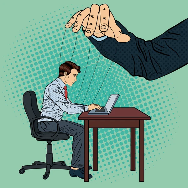 Puppeteer Controlando o homem de negócios no trabalho de escritório. Pop Art Vector ilustração —  Vetores de Stock