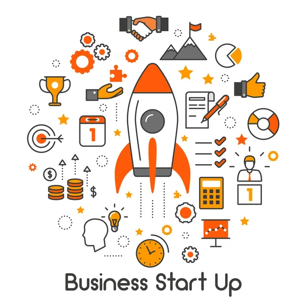 Business Start Up Line Art Thin Vector Icons Set with Rocket and Creative Idea — Stock Vector