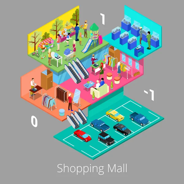 Изометрический торговый центр, совмещенный с бутиком и магазином одежды на парковке. Векторная иллюстрация — стоковый вектор