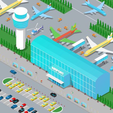 Uçaklar Helikopter Pist ve Otopark Alanı ile Isometrik Havaalanı Altyapısı. Düz 3d Vektör illüstrasyon