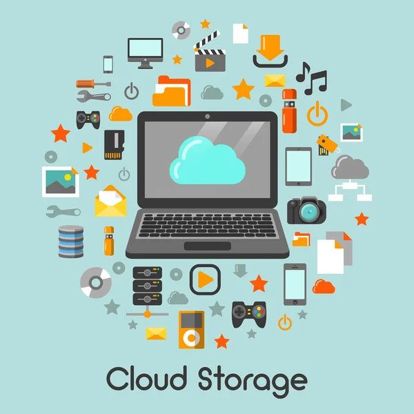 Icone vettoriali con tecnologia cloud storage con computer portatile — Vettoriale Stock