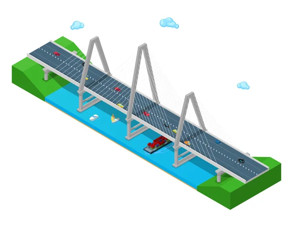 Isometrische Flussbrücke mit Schiffsautobahn und Autos. flache 3D-Vektor-Illustration — Stockvektor